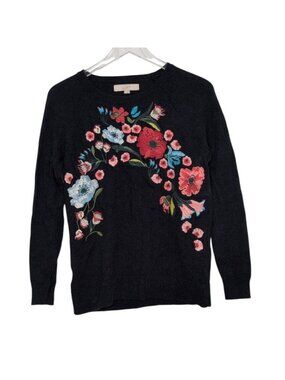 LOFT Embroidered Floral Sweater Womens Size Medium Blue Wool Blend Long Sleeve